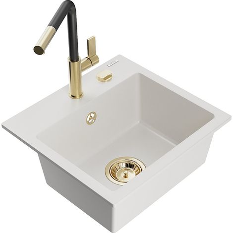 Mexen Milo lavello in granito a 1 vasca con rubinetto da cucina Flora, bianco - 6505-20-670401-57-G (1/5)