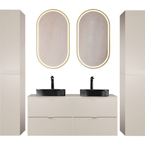 Badmöbel Set 5-teilig mit 120 cm Doppelwaschtisch & 2 LED-Spiegel, in Beige - DURANGO-56 (1/5)