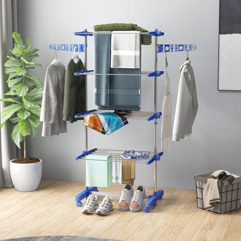 Tendedero plegable con alas laterales, para uso interior y exterior, 142 x 55 x 172 cm, 4 niveles, azul