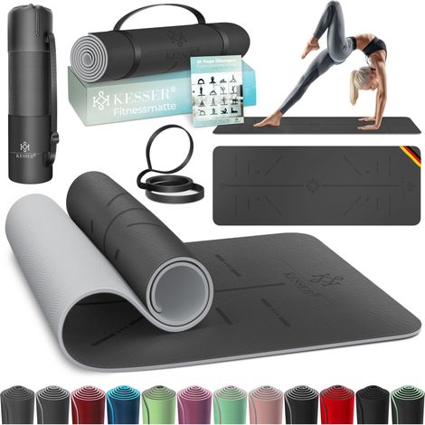 KESSER® Gymnastikmatte mit Tragegurt rutschfest TPE Yogamatte Gepolstert & rutschfest Fitnessmatte    183 x 61 Trainingsmatte für Fitness Sportmatte   Grau