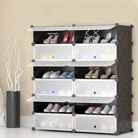 Armoire à Chaussures en Plastique Étagère à Chaussures 12 Cubes Noire et Blanc Imprimée