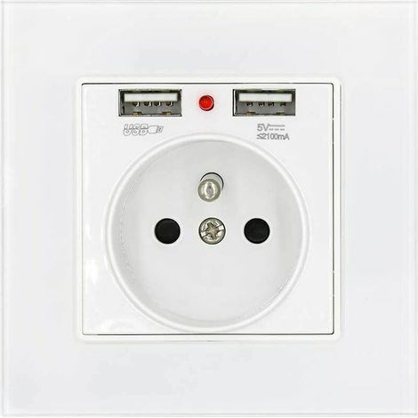 VURAHOME - Prise de Courant Panneau en Verre Prise Standard Français Murale avec Indicateur de Puissance de Charge Usb Double 2.1A, Prise Standard Français Encastrée 16A 250V Blanc (1/5)