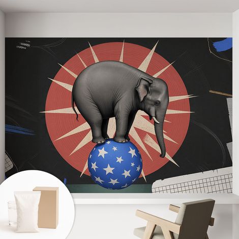 Papier peint intissé mural avec colle pour salon et chambre Décoration murale rapide - Colle incluse gratuite Éléphant de cirque 152x104 cm (1/5)