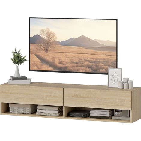 Meuble TV suspendu 60 pouces 2 tiroirs abattants 2 étagères ouvertes 140x32x31 cm bois naturel