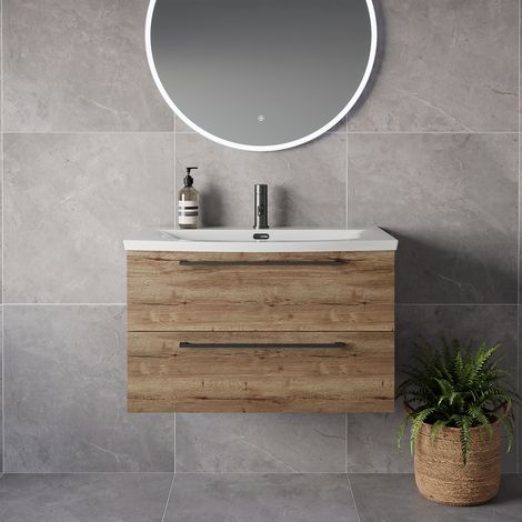 Napoli 390 Tobacco Oak 800mm Wall Mounted 2 Drawer Vanity Unit with Arc Basin - 800mm - Gunmetal Grey 480mm Handle