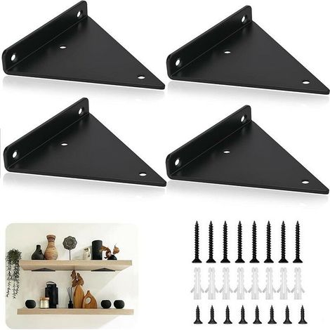 Lot de 4 Supports de Fixation Murale en Fer Robuste avec Vis, Équerre d'Étagère Murale Angle Droit Invisible avec Grande Capacité, Noir (1/4)