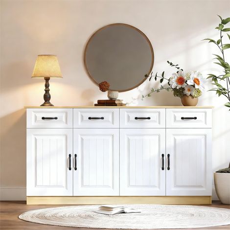 Buffet enfilade 160x35x80 cm, meuble de rangement 4 portes, 4 tiroirs, étagères réglables, façades rainurées, MDF, blanc et effet bois naturel (1/5)
