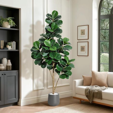 Figuier Artificiel, Fiddle Leaf Factice 210 m avec 141 Feuilles - Ficus Lyrata Artificiel Réaliste en Pot Gris 23 cm, Plante d'Intérieur XXL pour Salon Bureau Déco, Idée Cadeau (1/5)