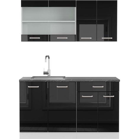 Singleküche R-Line, Schwarz Hochglanz/Weiß, 140 cm , AP Anthrazit, Vicco (1/5)