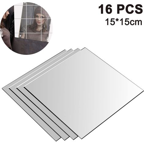 Ensemble de 16 stickers muraux carrés miroir de 0,2 mm et 15 x 15 cm