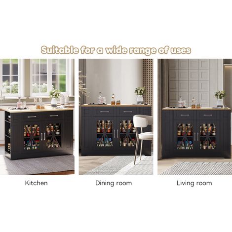 Îlot de cuisine portable de 120 cm de long, avec un bureau rétractable, une étagère ouverte, prise pour l’air conditionné, prise USB, porte en verre, parquet (1/5)