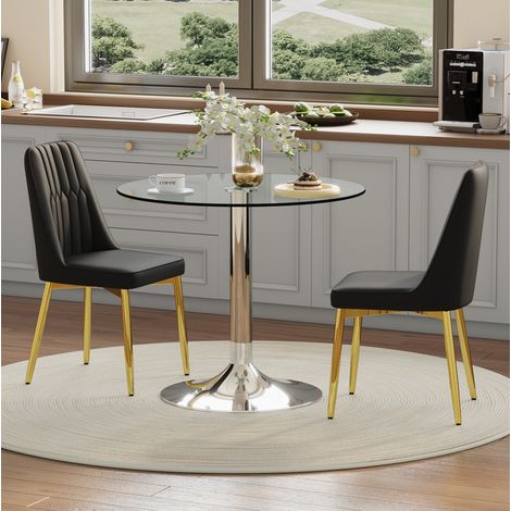 Set tavolo da pranzo rotondo 85x85x76 cm con 2 sedie, piano in vetro trasparente, base metallica, PU nero e metallo argento e oro (1/5)