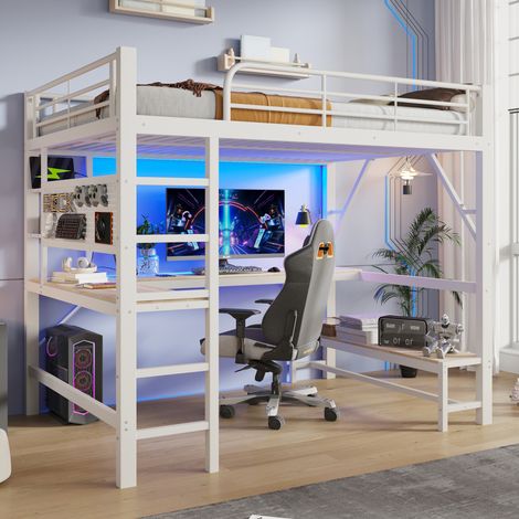 Lit mezzanine 160x200 cm avec bureau, étagères, panneau perforé, LED, ports USB et USB-C, échelle et garde-corps, métal et MDF, blanc (1/5)