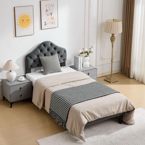 Bett 90x200 cm modern gepolstert in grauer Chenille mit verstellbarem Kopfteil und Lattenrost