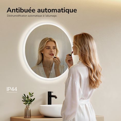 EMKE Miroir salle de bain rond avec éclairage avec Interrupteur tactile, Anti-buée, 3 Couleurs de lumière, Dimmable, Fonction mémoire, 80cm diamètre