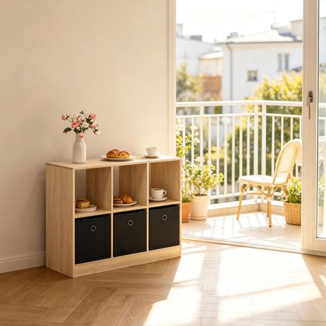 Libreria 80x30x61 cm nero e rovere chiaro in legno ingegnerizzato con 3 cassetti in tessuto (1/5)