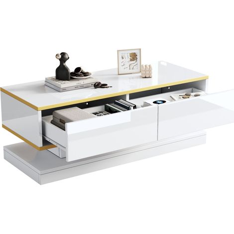 ELVMI Set di Mobili da Soggiorno con 1 Mobile TV e 1 Tavolino, Pannelli di Particelle, Bianco Caldo e Oro (1/5)