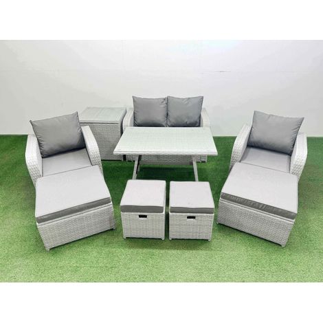 Fimous Rattan Garden Furniture Dining Set 8-seater Patio Rectangular Table Sofa Set with Side Table 4 Stools Light Grey (1/4)