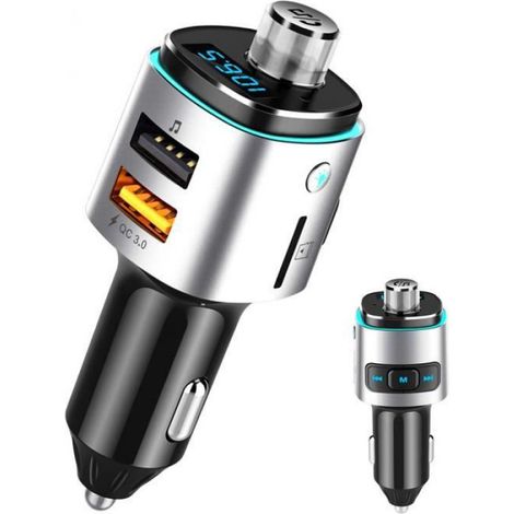 Transmetteur FM Bluetooth - - Kit de Voiture - Mains Libres - Chargeur QC3.0 - Rétroéclairage Bleu (1/4)