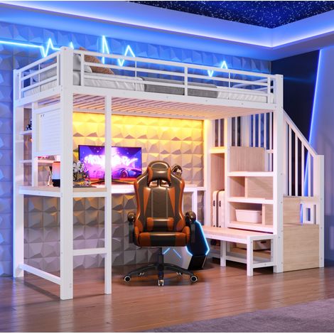 Cama alta 90x200 cm con escritorio, estantes, panel perforado, escalera, LED, blanca (1/5)