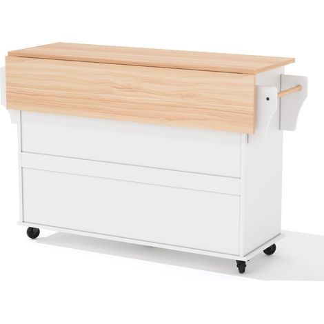 Isla de cocina móvil MDF blanco y madera 136 x 70 x 92 cm con ruedas (1/5)