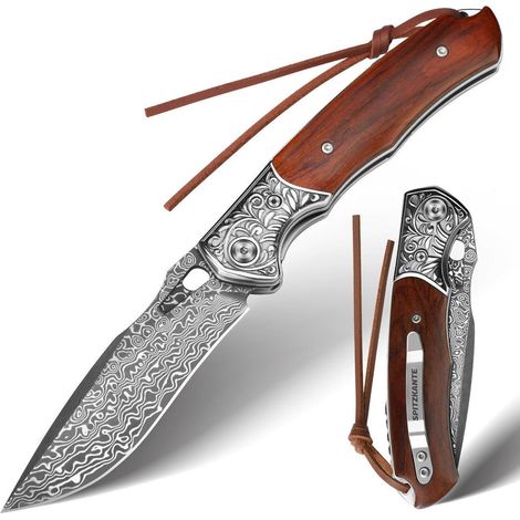 Couteau pliant avec lame Damas et manche en bois, conforme §42a, couteau à deux mains