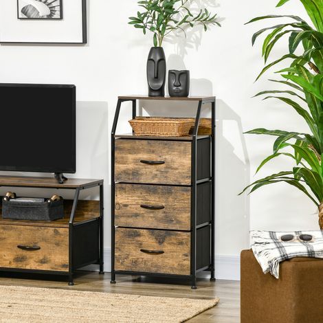 Cassettiera in tessuto HOMCOM a 3 cassetti, con ripiano pieghevole e a giorno, ideale per soggiorno o ufficio, dimensioni 44x29x92 cm, colore marrone rustico.