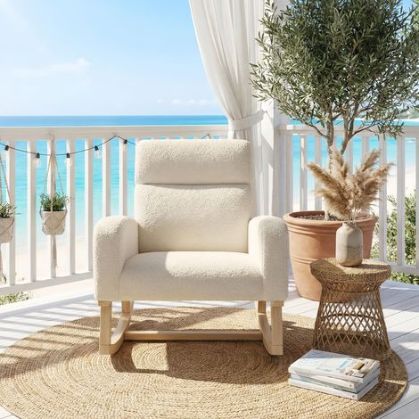 Rocking chair, Fauteuil à Bascule Confortable en Tissu – cadre en bois massif, Confortable avec Poches – Beige