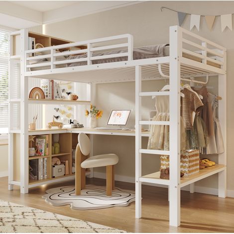Cama alta 90x200 cm metal/MDF blanca con escritorio, ahorra espacio, sin colchón – MEUBLIV (1/5)