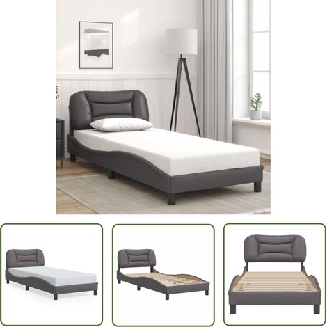 The Living Store Cadre de lit sans matelas gris 90x190 cm similicuir - Lit Plateforme - Tête De Lit Intégrée - Cadre De Lit Design - Lit Double - Literie (1/5)
