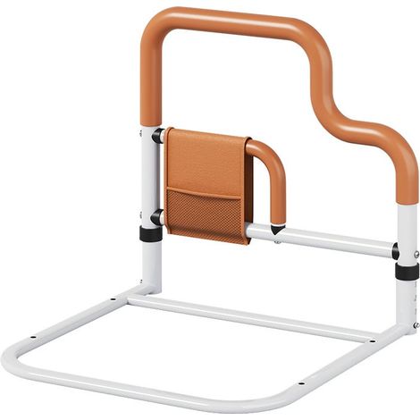 Rampa da comodino per anziani, ausilio per stare in piedi, barriera di sicurezza anticaduta, corrimano a U, 4 livelli regolabili, con borsa portaoggetti, marrone