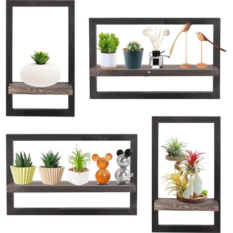 Ensemble de 4 étagères flottantes carrées pour mur, étagères murales en bois décoratives, étagères suspendues de rangement pour mur, étagères suspendues en bois pour salle de bain, salon, cuisine (1/5)