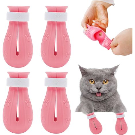 Lot de 4 bottes pour chats uniquement, protège-pattes, chaussures et guêtres en silicone anti-griffures pour le bain, la coupe des griffes, le nettoyage des oreilles et les soins (rose) (1/5)