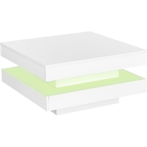 Mesa de centro cuadrada blanca de alto brillo con tablero giratorio y luz LED, 70 x 70 x 36 cm (1/5)