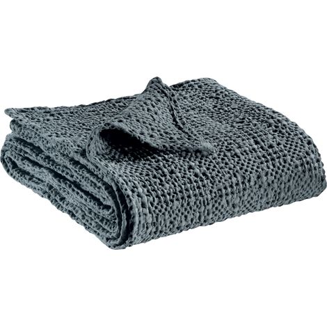 VIVARAISE - Jeté de lit Vivaraise Tana - Nid d'abeille 100% coton stonewashed, couleur cendre, 240 x 260 cm