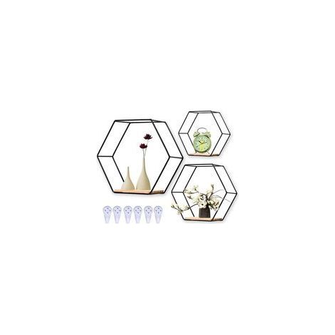 Étagère murale hexagonale noire, ensemble de trois pièces, tailles différentes, en métal. (1/5)