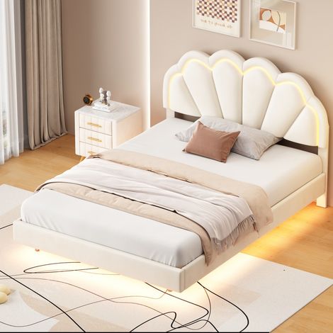 Lit double 140x200 cm, design flottant moderne, éclairage LED intégré, tête de lit coquillage capitonné, revêtement velours, sommier à lattes bois solide - Beige (1/5)