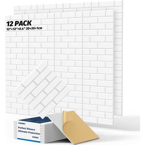 Pack of 12 acoustic carrés haute densité de 12"×12"×0.4", en forme de brique, adaptés pour le salon et toutes les surfaces murales. (Blanc) (1/5)