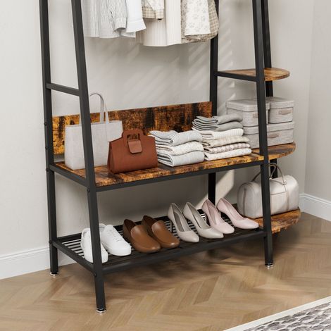 Porte-manteau sur pied industriel rétro avec étagères, finition bois brun - Organisateur mural polyvalent pour vêtements et chaussures, idéal chambre, salon, bureau à domicile (1/5)