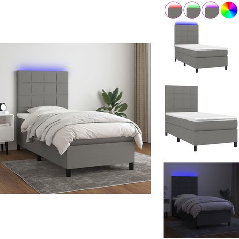 Sommier à lattes de lit avec matelas et LED Gris foncé 90x190cm - Sommier Tapissier - Lit Avec Led - Matelas À Ressorts Ensachés - Tête De Lit Ajustable - Éclairage LED (1/5)