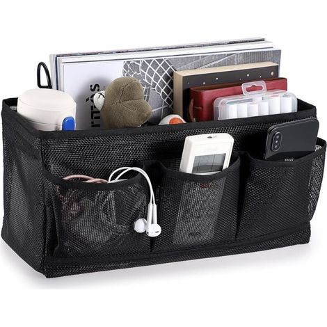 Organisateur de chevet suspendu 4 poches sac de Rangement de chevet en filet panier de lit et crochet pour serviette, téléphone, stylos, télécommande (noir)