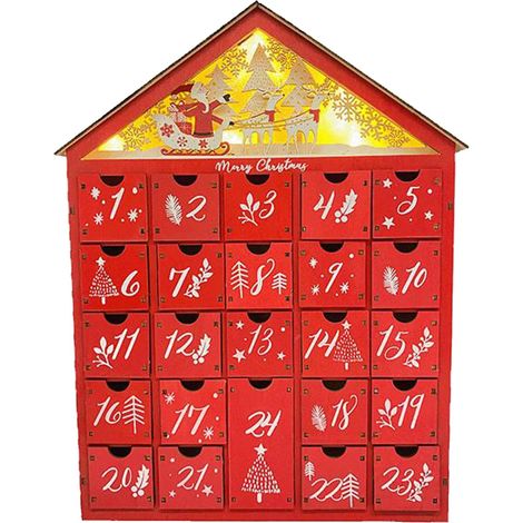 Calendrier de l'Avent en bois en forme de maison avec 24 tiroirs, compte à rebours jusqu'à Noël, rechargeable pour décoration de la maison (1/5)