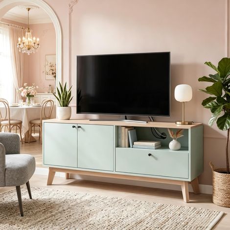 Meuble TV bas 120 cm pour téléviseur jusqu’à 36 pouces, 2 portes, 1 tiroir, niche ouverte et passe-câbles, Vert clair et effet chêne (1/5)
