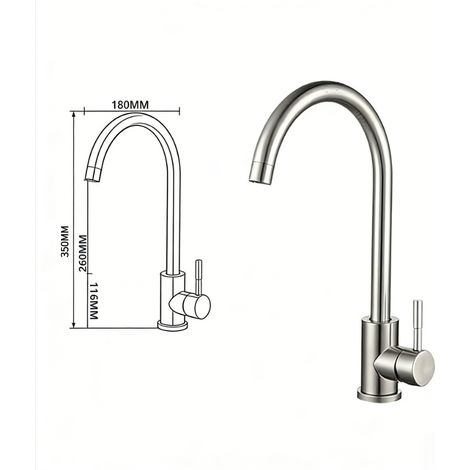 Robinet d'eau chaude et froide pour évier de cuisine avec mitigeur en T plat en acier inoxydable (finition brossée, grand coude) Complet avec tuyau d'arrivée de 60 cm (1/4)