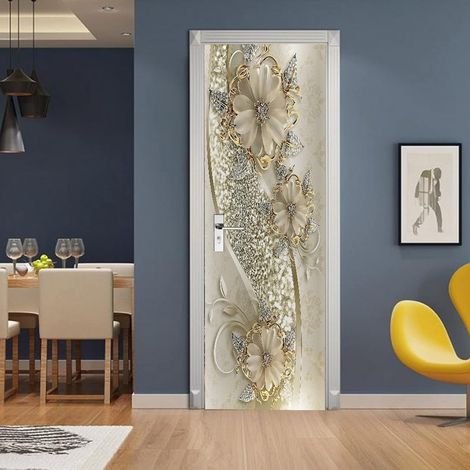 Póster 3D para puerta con flores y adornos dorados, papel pintado de vinilo de arte moderno, póster para puerta, adhesivo de pared, decoración de papel pintado artístico, 77 x 200 cm (1/4)