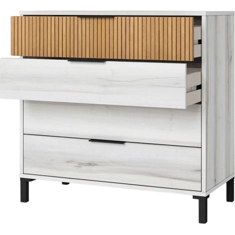 Commode Arles 4 tiroirs en Albo blanc et chêne rayé 80x80 cm (1/5)
