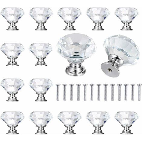 15 Pieces Diamond Cabinet Knobs with Screws, Cabinet Drawer Cupboard Decoration Doors, 30mm Knobs Transparent Diamond Crystal Glass Knobs Cabinet Drawer Cabinet Doors Decoration (Transparent) (1/3)