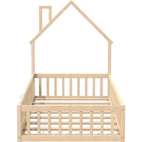 Cama cabana infantil 90 x 200 cm con forma de chimenea, en pino y MDF, natural (1/5)