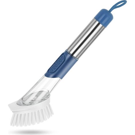 Brosse à vaisselle avec tête remplaçable en PP manche acier inoxydable pour nettoyer les casseroles et poêles (1/5)