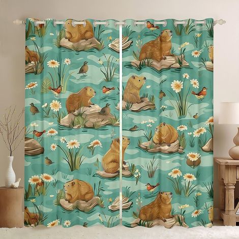 Rideau de fenêtre Capybara de dessin animé Capybara, oiseaux kawaii, mignons animaux sauvages, rideaux de fenêtre pour filles et garçons, style bohème, lac floral naturel, pour le salon - 137x117cm (H (1/5)